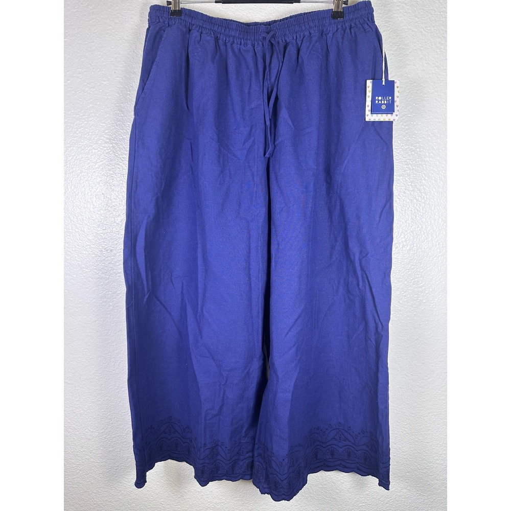 Roller Rabbit‎ Target Blue Cotton Linen Embroidered Scallop Wide Leg Pants Large